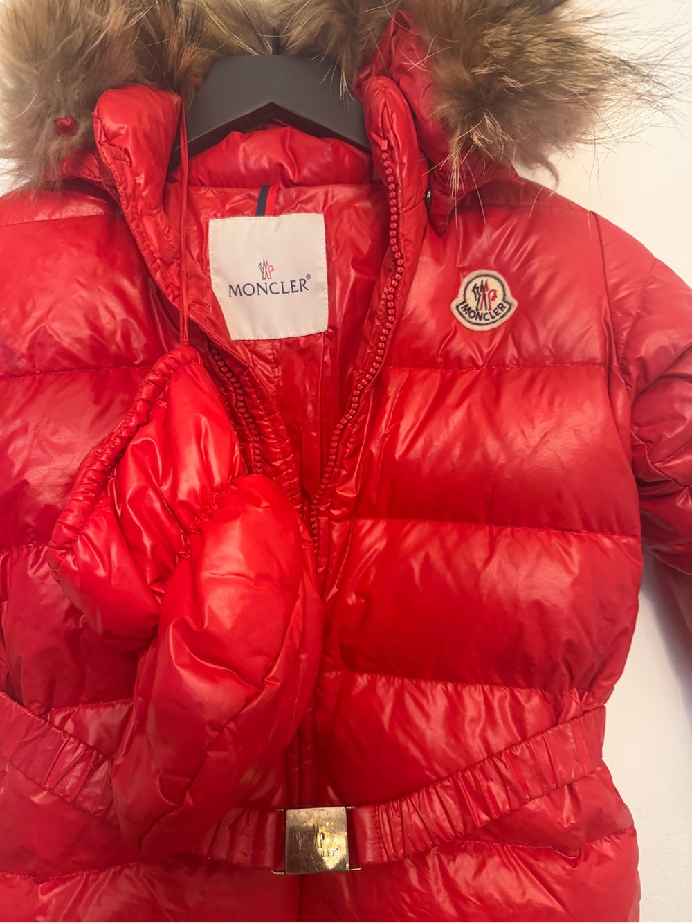 Moncler Kids Red Puffer Coat with Fur-Trim Hood